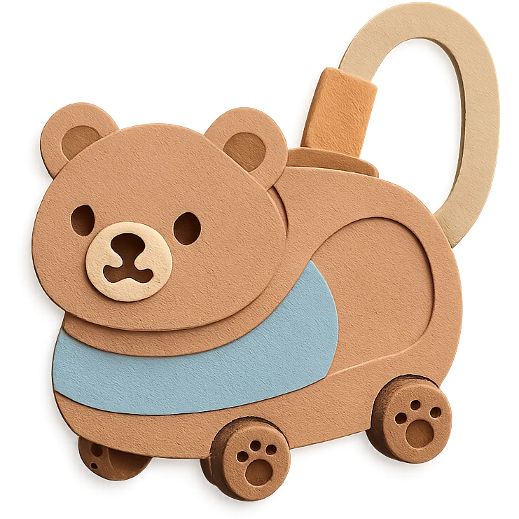 cute bear-shaped vacuum cleaner with tiny paw wheels, rolling, soft brown pastel, full-body emoji