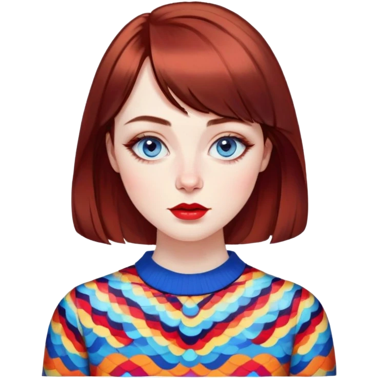 Artistic young woman with pale skin, oval face, large expressive blue eyes with eyeliner, thin arched eyebrows, small nose, full lips with red lipstick, dark auburn hair that's straight with slight waves at ends, straight bangs, wearing a bright colorful patterned top, warm creative expression emoji