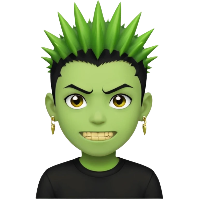 green zombie boy with spiky black emo hair and a black shirt with piercings and gold grilzz  emoji