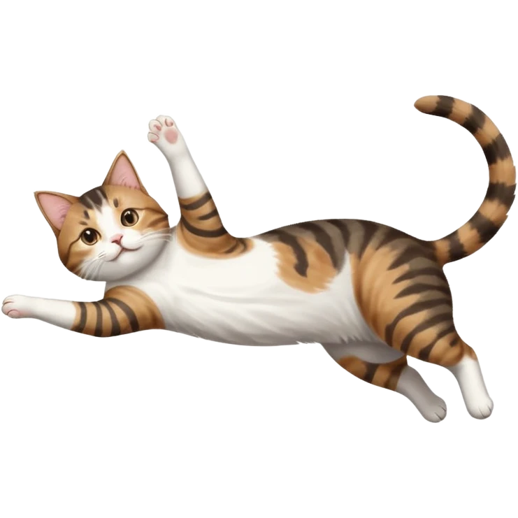 brown tabby and white cat with doing a big extremely long stretch reaching up into the air with arms and legs side by side together straight and overextended whilst lying on its side emoji