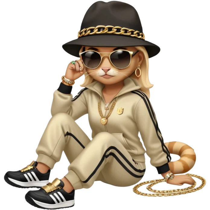 female cat dressed like Run DMC in tracksuit, fedora, Adidas shoes, dark sunglasses, lots of gold chains, rings, bracelets, earrings, lying on the ground after falling emoji