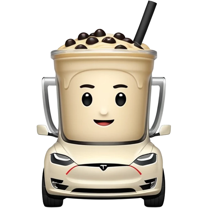 Boba tea in tesla, without a person and with the tesla logo keep the boba tea like that and make it the car and the boba tea how it was and cream boba tea just a little smaller to go on pinterest emoji