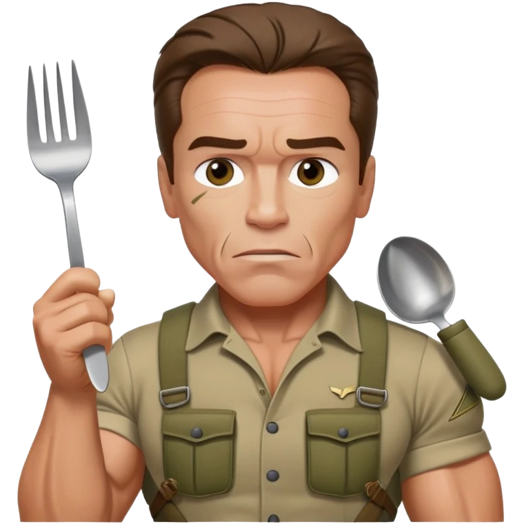 Young Arnold Schwarzenegger from the Commando poster wearing khaki with war make up on ready to fight with fork and spoon seen above chest  emoji