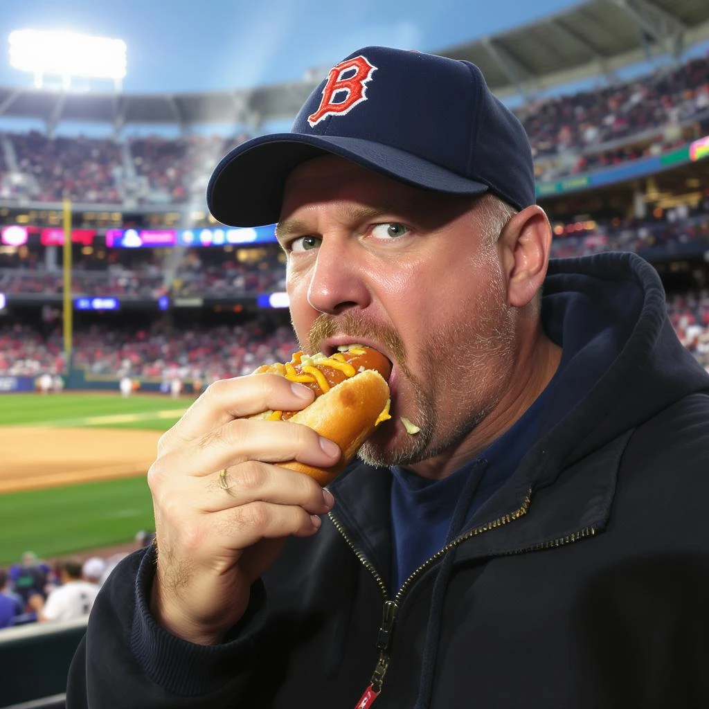 man eating a hot dog at a baseball game emoji