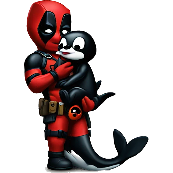 Deadpool holding a baby orca emoji