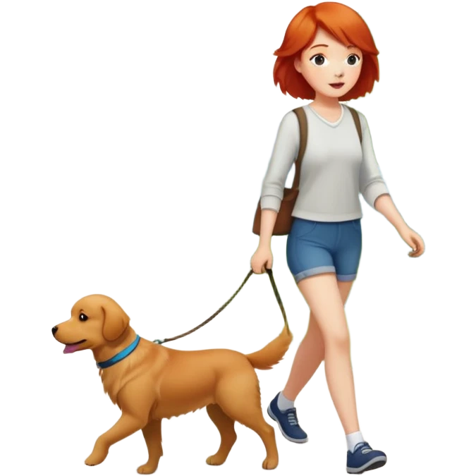 A girl with super short red hair walking a golden retriever emoji