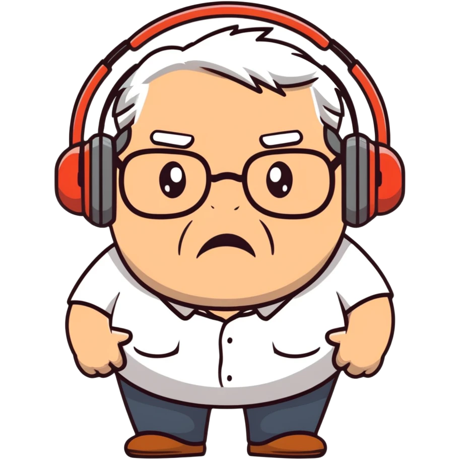 Brown old man with medium white hair, wearing glasses and headphones, looking surprised and angry, no facial hair, chubby, looking to the upper left corner emoji