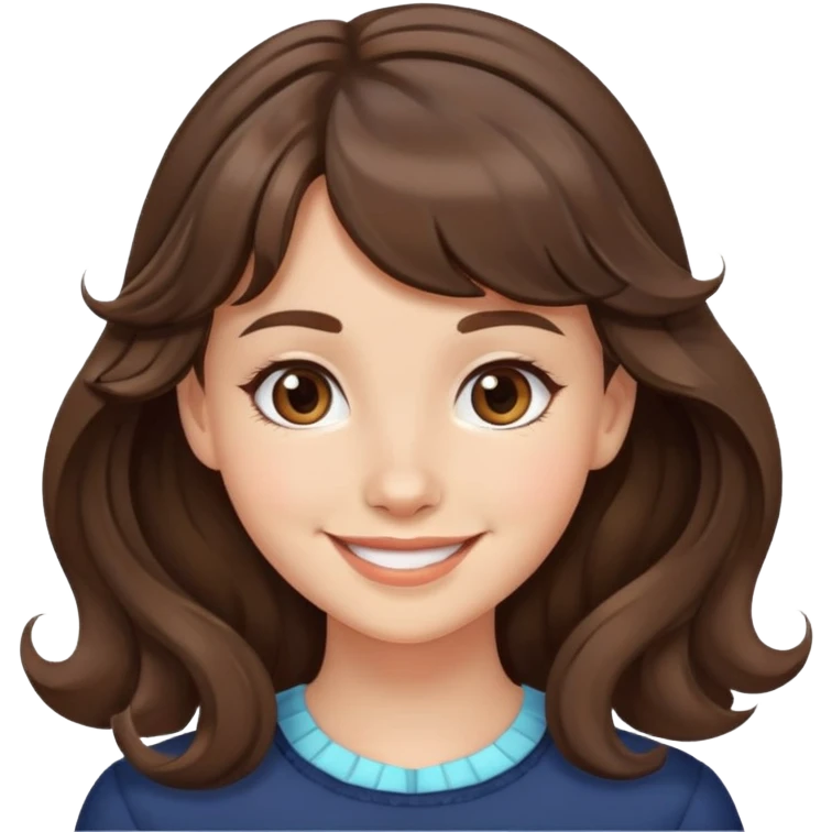 A brunette girl wavy middle brown hair with micro bangs smiling  emoji