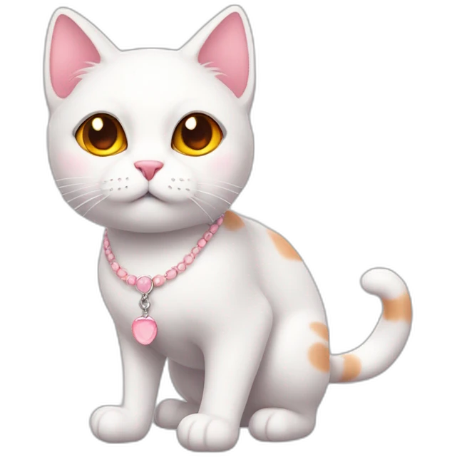 full body white orange cat cute with a small black eyes and a paw pink necklace emoji