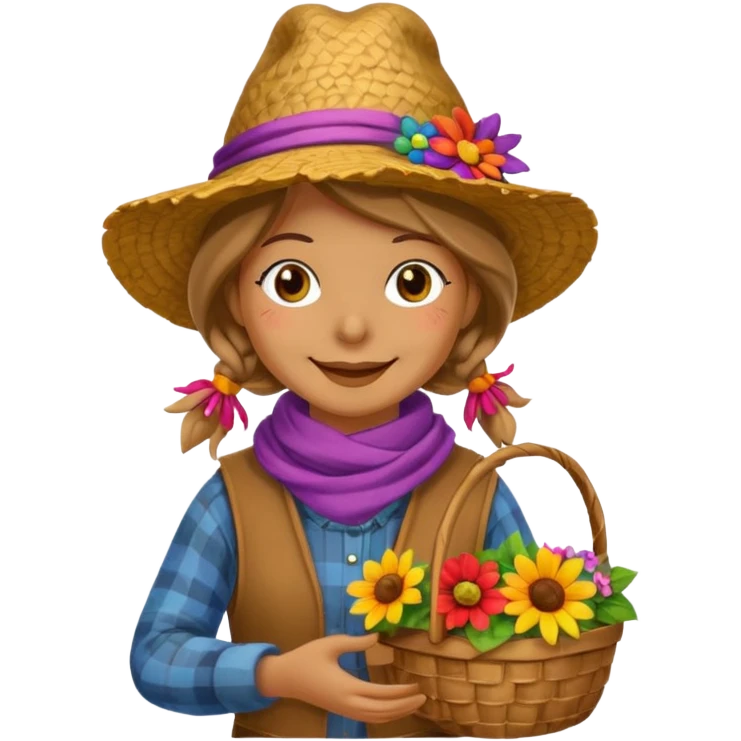 Scarecrow, Smiling face, colorful scarf, flower hat, holding a small basket. emoji