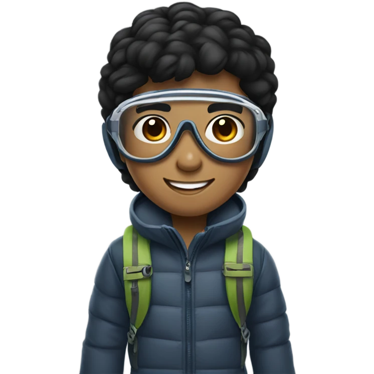 black hair smiling filipino boy with aviator glasses with skiing gear emoji