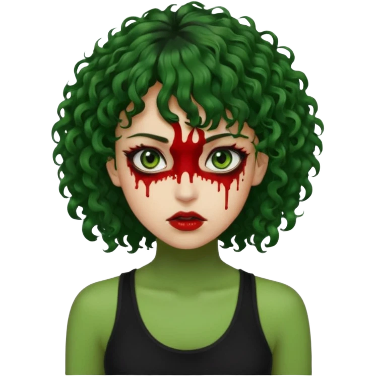 crie uma mulher, vibe total terror. mas ela com cabelo cacheado e franja. e pele verde. SAIA SANGUE DOS OLHOS VERMELHOS. ELA USA BLUSA REGATA PRETA. emoji