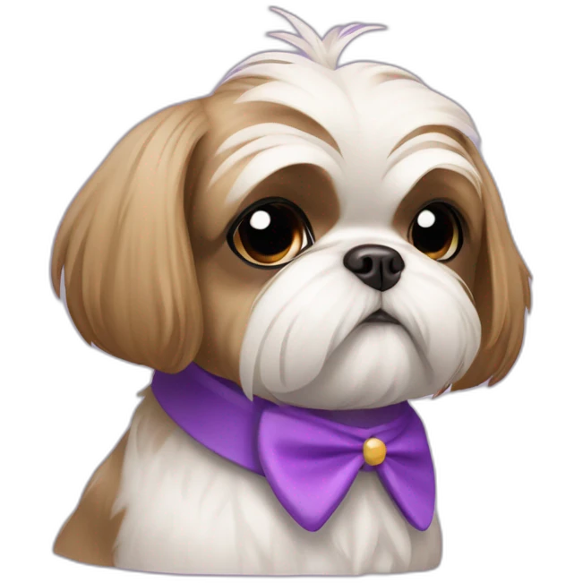 shihtzu dog wearing a bun and a pueple collar emoji