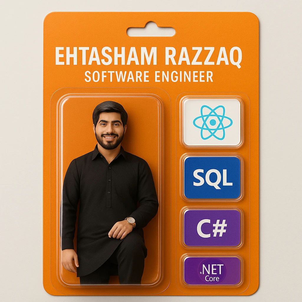 Create a realistic action figure toy of the person in the photo, packaged in a strong orange card blister pack. The figure is inside its own blister. Next to the figure, include four separate blisters, each containing one piece of equipment: 1) a React logo, 2) a SQL logo, 3) a C# logo, 4) a .NET Core logo. Each equipment is in its own individual blister, do not repeat any equipment. On top of the box, write 'Ehtasham Razzaq' and underneath it, 'Software Engineer'. The entire scene should look like a real, professionally packaged action figure toy. The style should be photorealistic and realistic as a real toy packaging. emoji