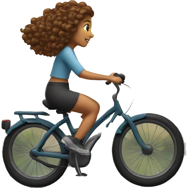 Fair looking girl with curly brown hair riding bicycle early in the morning with mountain in the background emoji