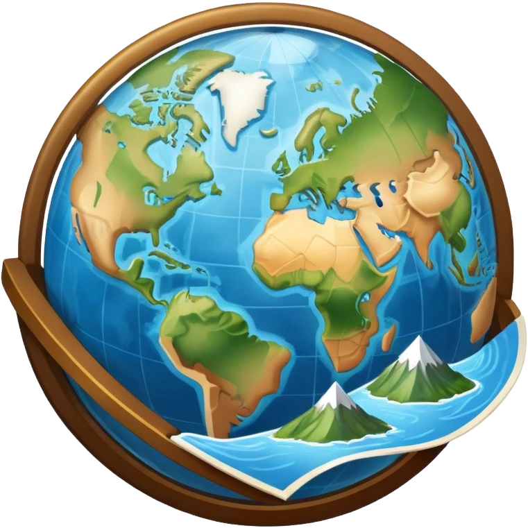 An icon featuring a globe, a compass, and a map, symbolizing geography. The design includes mountain ranges, rivers, and continents, representing the study of Earth’s landscapes and environments. Transparent background highlights the exploration and understanding of the world’s geography. emoji