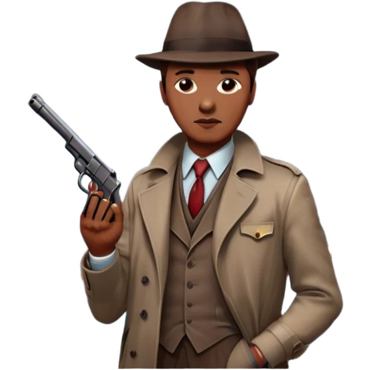 Icon for Detective Movie: A vintage movie poster-style design with a close-up of a detective holding a gun on a dark London street. The scene features a full moon, bloodstains on the pavement, and a mysterious atmosphere, evoking a classic noir detective thriller. Transparent background. emoji