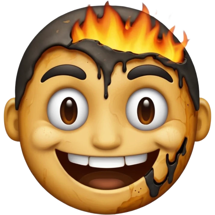 A emoji with half of his face burnt with the emoji having a big grin emoji