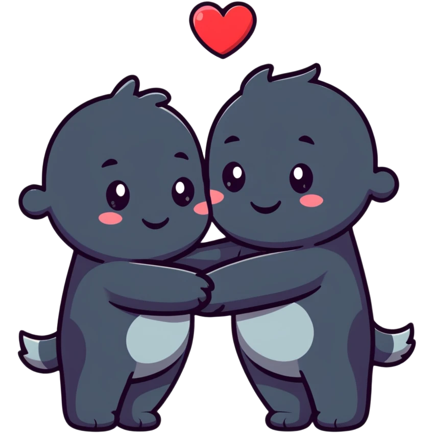 Two cute cartoon characters hugging with hearts around them emoji