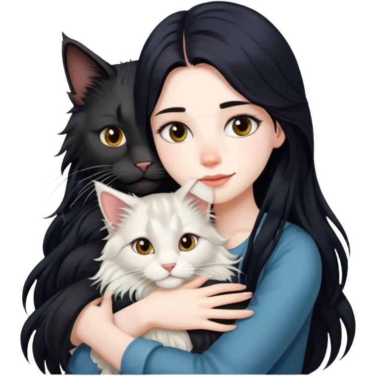 A beautiful girl with fair skin and long black hair hugs a Maine Coon girl emoji