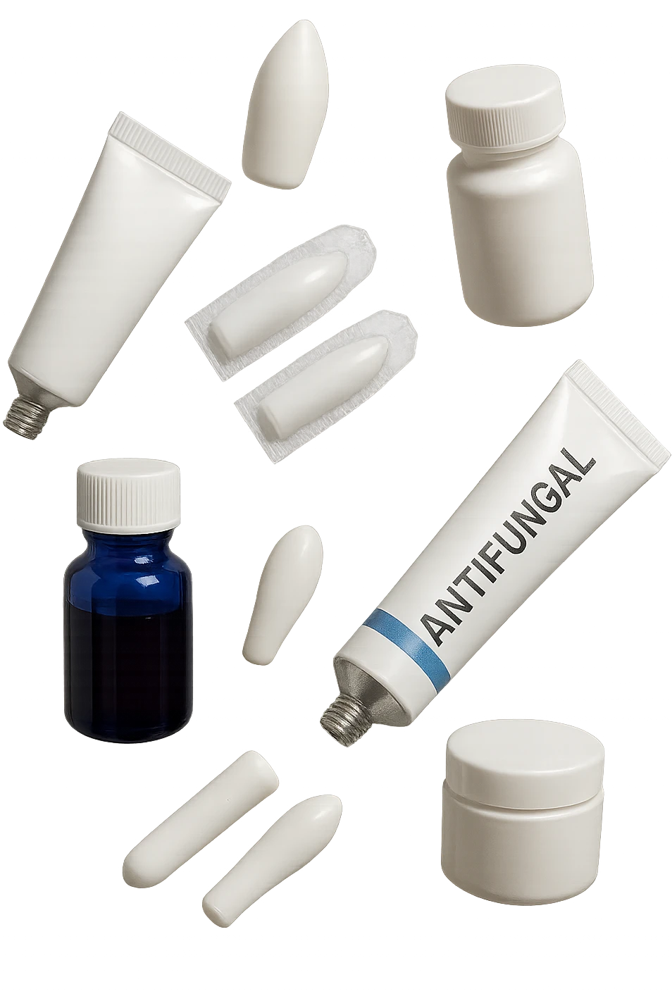 boccette di farmaci fluttuano in aria: creme, ovuli o antimicotici, IPERREALISTICO 4K emoji