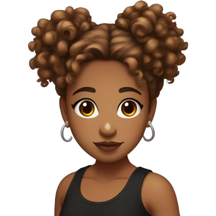 light brown girl with brown eyes, curly hair in a messy bun and two strand curly bangs wearing black tank top, freckles and beauty marks and long eyelashes, full lips emoji