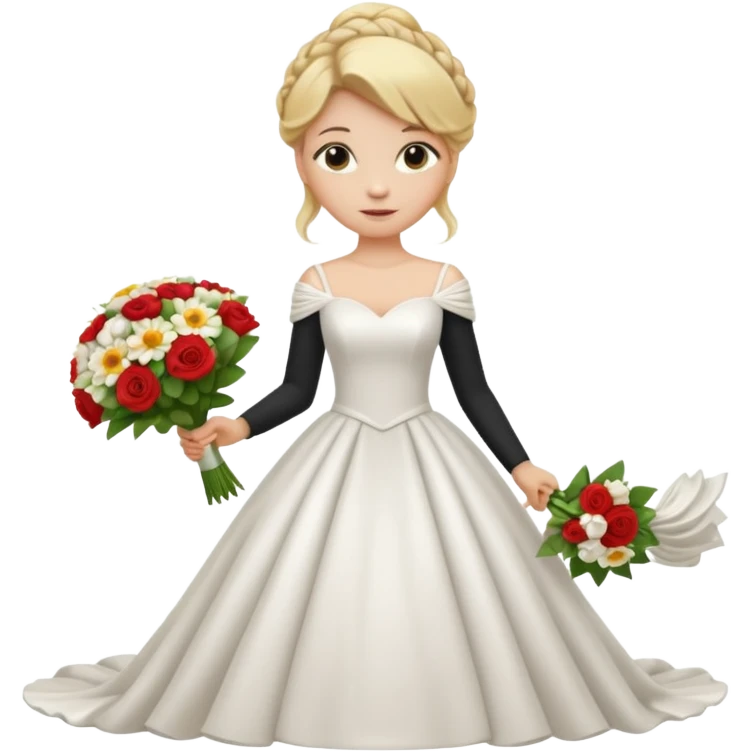 Chica blanca, cabello rubio, recogido en moño alto con mechones, vestido novia , cuerpo entero, ramo de flores en una mano, cola trasera emoji