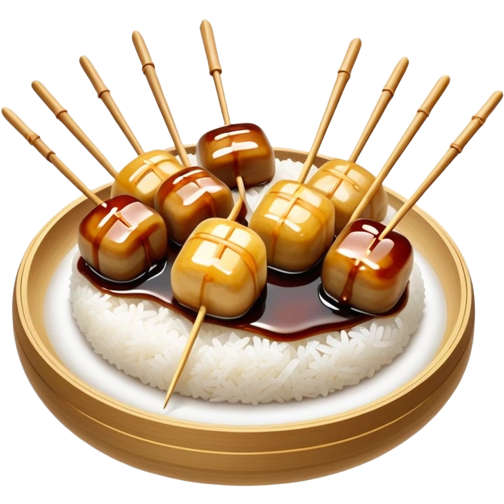 Mitarashi dango with shiny soy sauce glaze drizzled over white rice dumplings on a bamboo skewer emoji