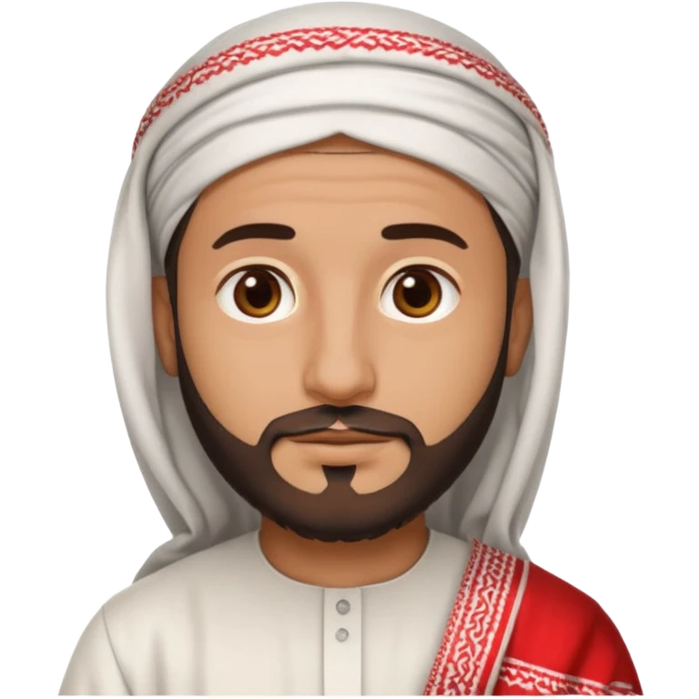 detailed iPhone-style emoji of a Saudi man with round cartoon face, short beard, brown eyes, wearing white thobe and red-and-white shemagh with black agal, both hands gently shown emoji