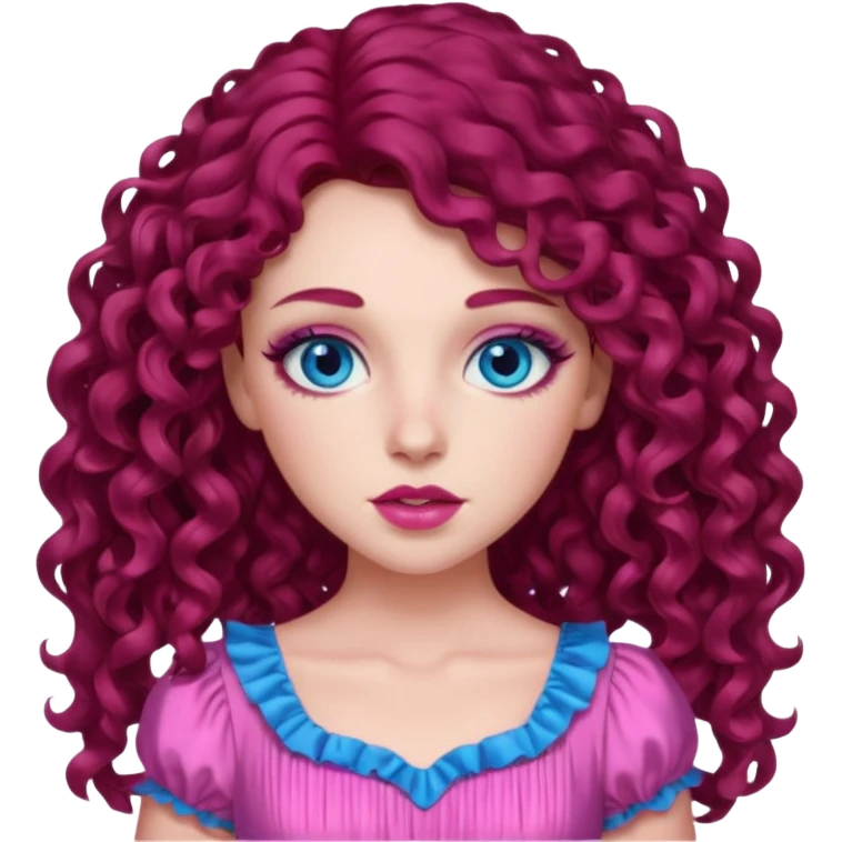 Chappell Roan long dark red curly hair, blue eyes, pink eyeshadow and lip, pink dress emoji
