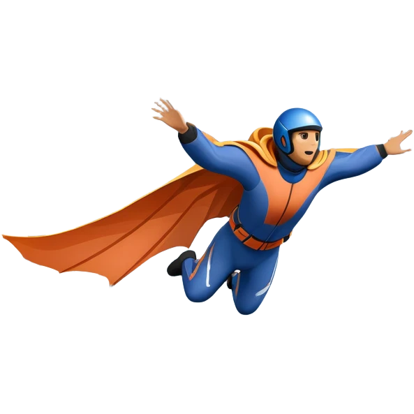 A wingsuit jumper soaring through the air between towering mountains, with the suit spread wide to catch the wind. The background features dramatic cliffs and expansive skies, emphasizing the thrill and freedom of base jumping in a stunning natural landscape. emoji