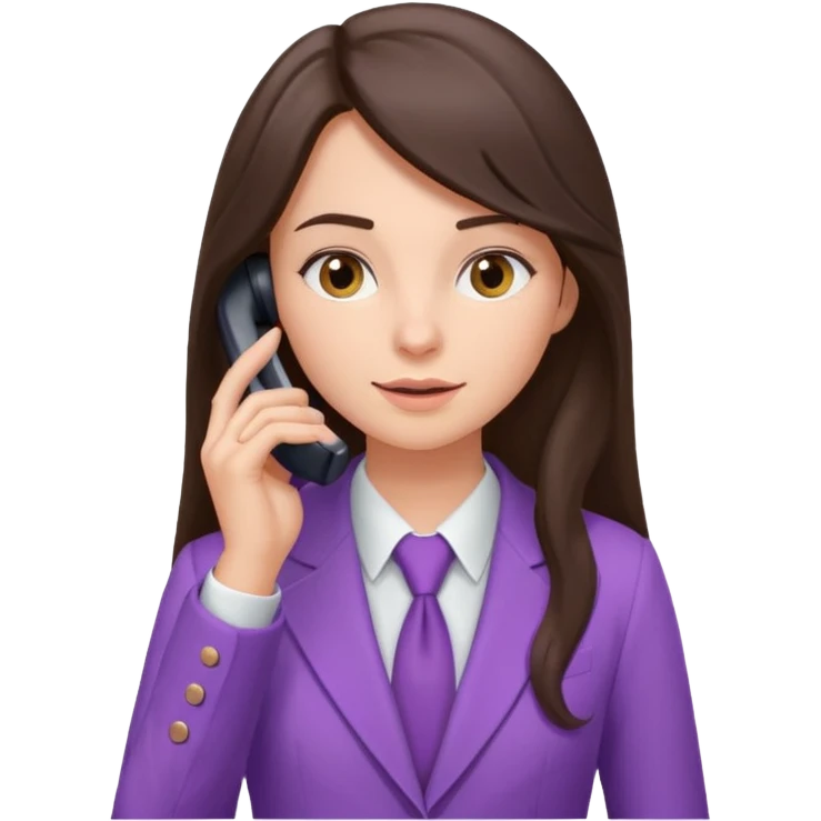 Long brunette hair girl with light purple suit talking through a phone emoji