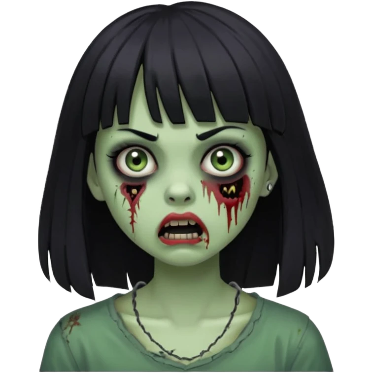 Girl with black hair and bangs, side mouth piercing scared in the form of a zombie emoji