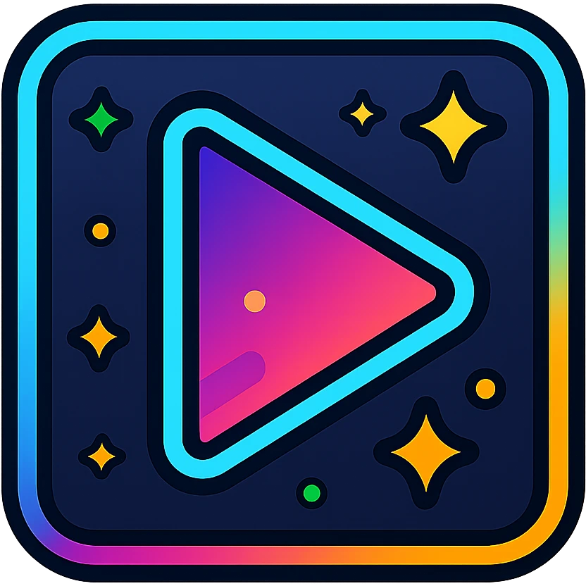 play icon with dark purple, blue, and black base, bright cyan, pink, yellow, green, orange accents, complex gradients, stars, bright neon border, modern clean play symbol, glow and lighting effects, sophisticated futuristic icon style emoji