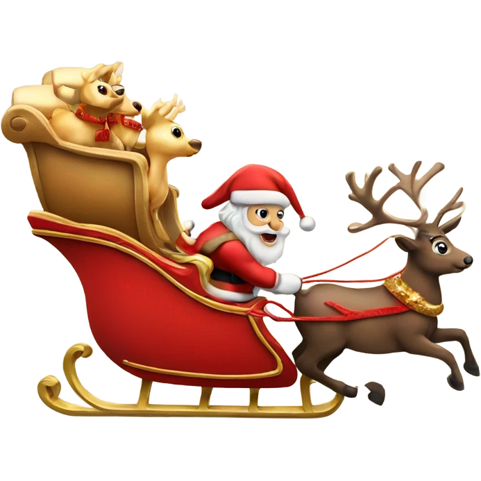 Santa Claus riding his red and gold sleigh which is being pulled by 8 reindeer emoji