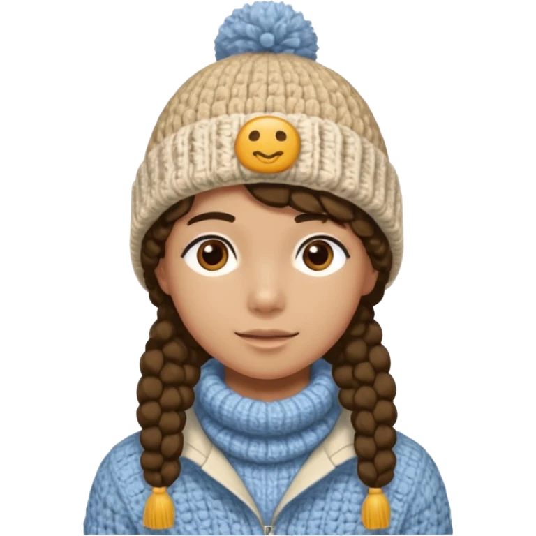 high school student wearing a crochetted winter hat. the hat should be an oatmeal color and texture with no pompom. make one a boy and one a girl emoji