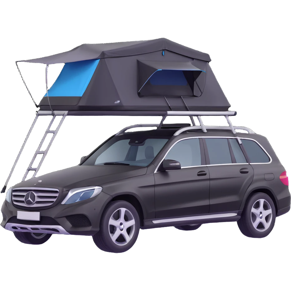 black Mercedes Benz car with roof tent emoji