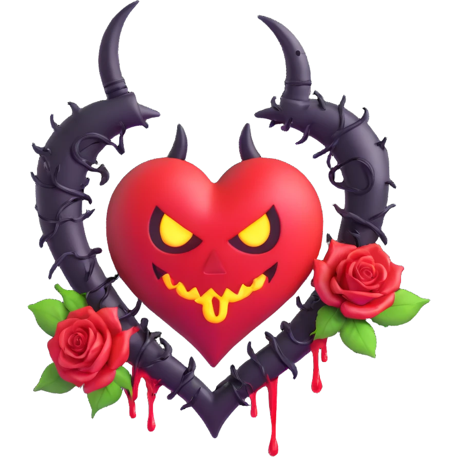 3D emoji devil heart, dark purple glass, twisted devil horns, spade tail, black roses entwined, crescent moon above, neon lightning, heavy rain, splintered glass, blood oozing from cracks emoji