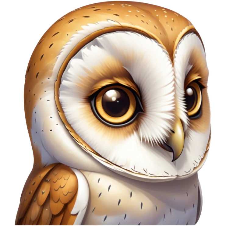 Cinematic Cute Barn Owl Portrait Emoji, Head tilted playfully and inquisitively, featuring a softly mottled Fur of white and brown with delicate feather patterns, round, sparkling amber eyes filled with curious wonder, Simplified yet irresistibly adorable features, highly detailed, glowing with a warm, friendly glow, high shine, affectionate and gentle, stylized with a touch of barnyard whimsy, bright and endearing, soft glowing outline, capturing the essence of a mischievous yet loving owl, so playful it feels like it could swoop out of the screen and into your arms! emoji