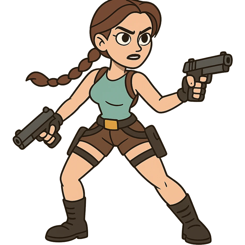 Cartoon version of a female adventurer, Lara Croft inspired, with iconic outfit, ready for action emoji