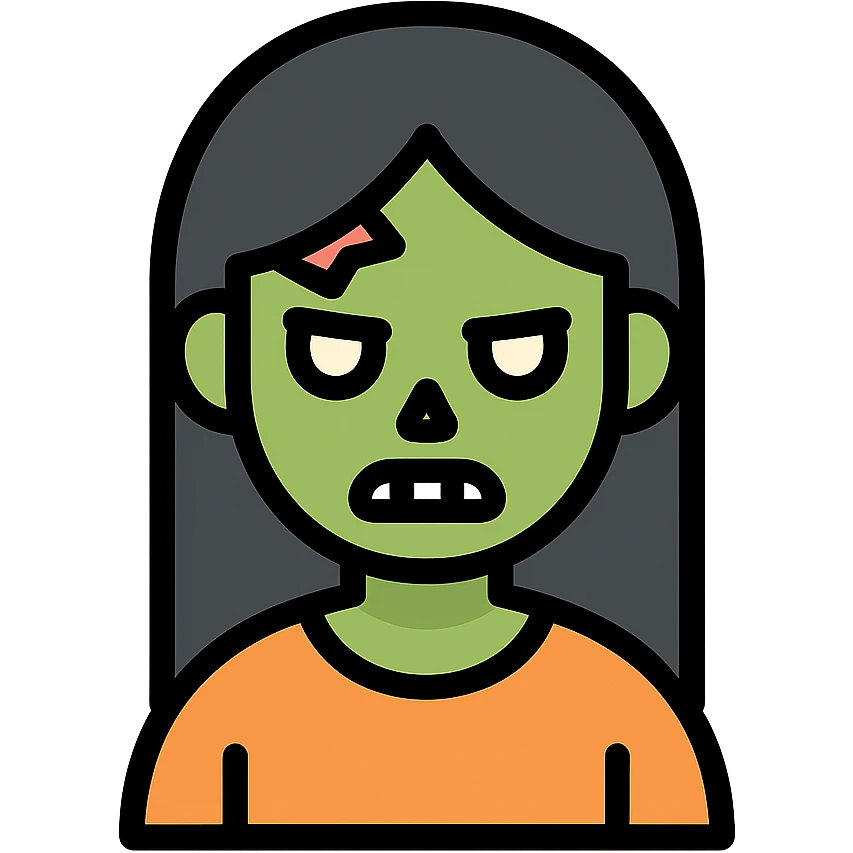 girl zombie with black long hair with teeth and serious face emoji