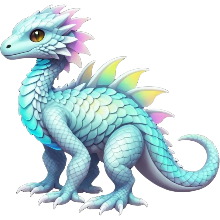 futuristic lush warm-colored iridescent whitish silvery scaley neon-colored Fakémon-Trico-creature (full body) emoji