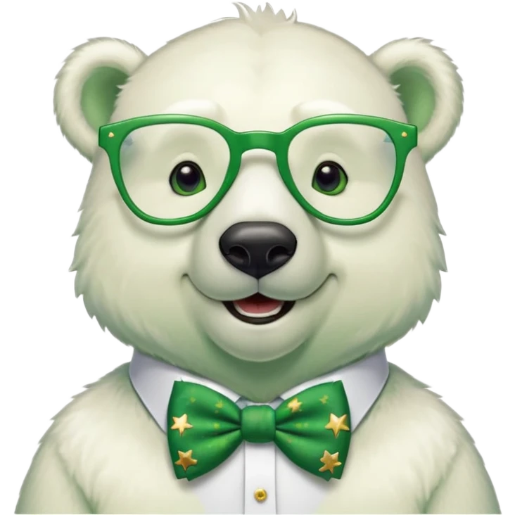 head and shoulders of a friendly anthropomorphised polar bear smiling, wearing large multicolored star-shaped glasses, green bow tie, shamrock pin, festive green shirt emoji