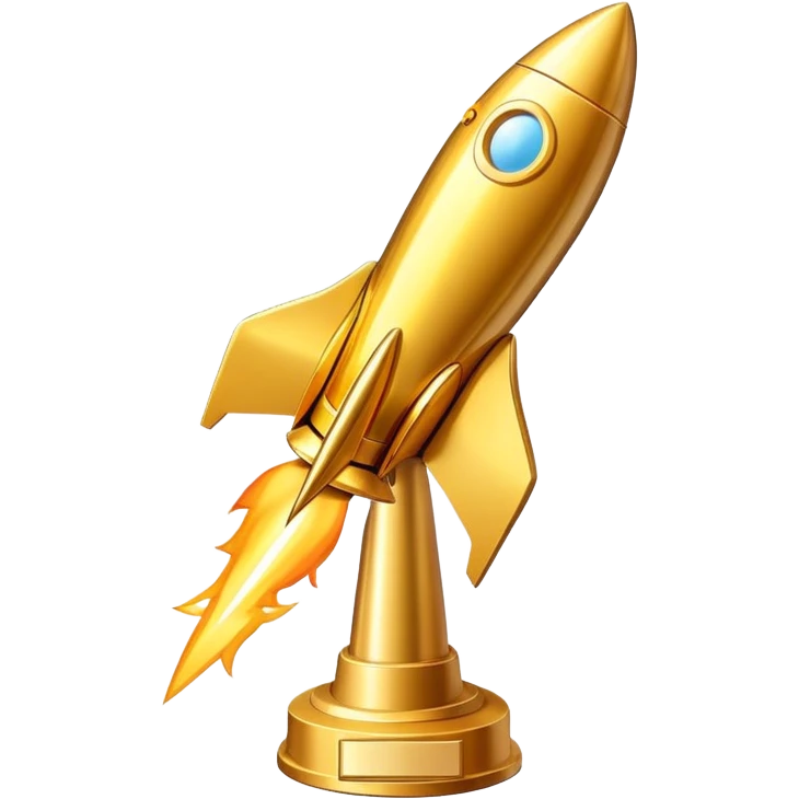 Golden rocket trophy award, shiny gold rocket with a trophy base emoji