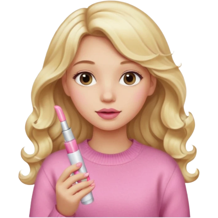 A long curled blonde haired  young girl with a pink sweater and holding a clear lip gloss emoji