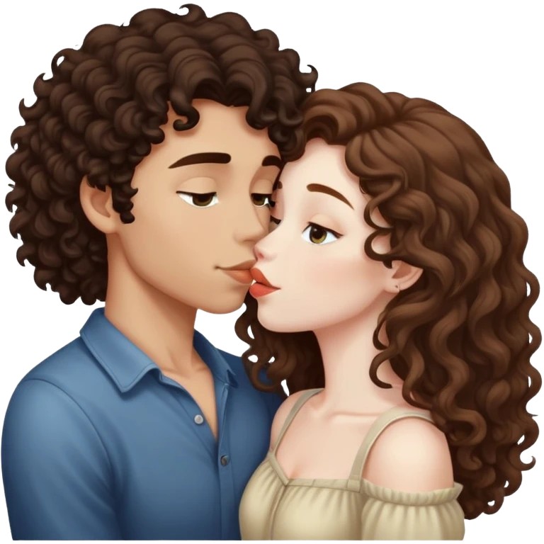 long light brown hair girl with pale skin and boy with dark curly hair and tanned skin kissing emoji