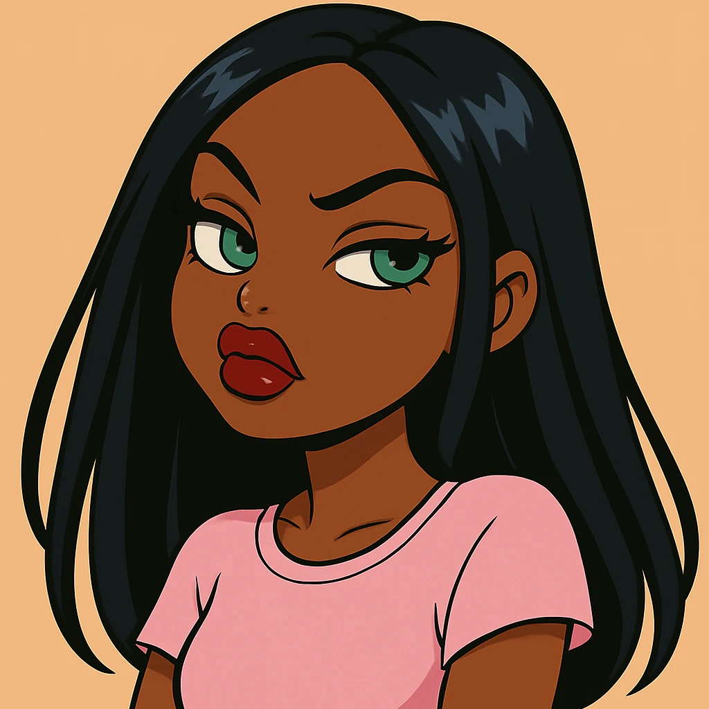 Change her outfit to a more casual style, headshot only, 20-year-old anime Bratz style woman with dark skin, straight hair, big expressive eyes, glossy lips, no hat, no tears, confident and aloof expression, snooty attitude, nose turned up. Maintain the anime Bratz style and the described facial features and expression. emoji