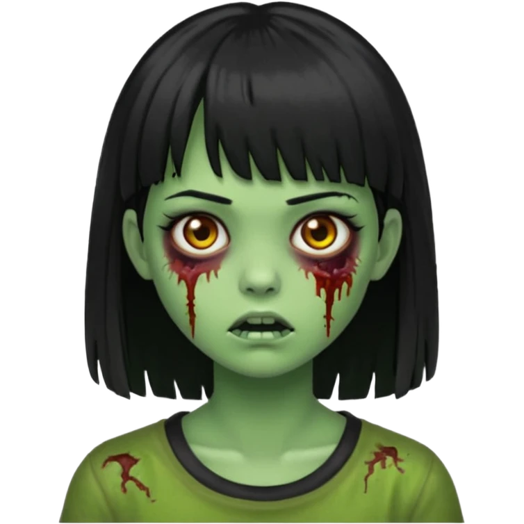 Emoji de uma garota zumbi com os cabelos longos, lisos e pretos. Ela usa uma franja curta. Pele verde  emoji