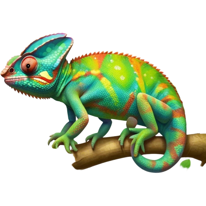 Giant chameleon on a branch, blending with vibrant greenery. Detailed scales in shifting colors, showing the chameleon’s ability to camouflage. Soft natural light highlights its texture. Nature background with leafs aтв адщцукы. Lush jungle background with vivid foliage, transparent background. emoji