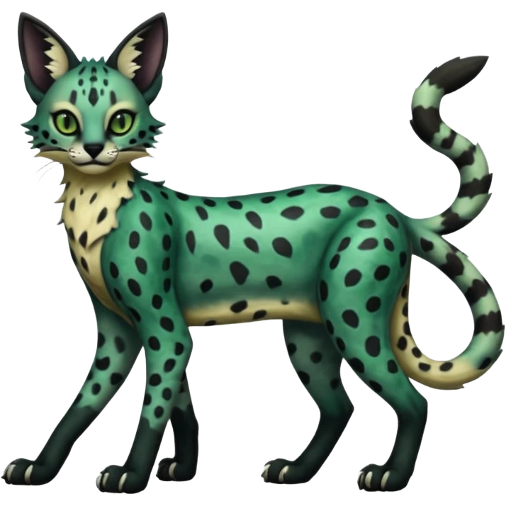 Epic complex detailed dark dusky gloomy deep gothic dark-deep-green, black, realistic Fakémon-Sprigatito-Floragato-Meowscarada-Trico-Sergal-Serval-Vernid-creature (full body) emoji